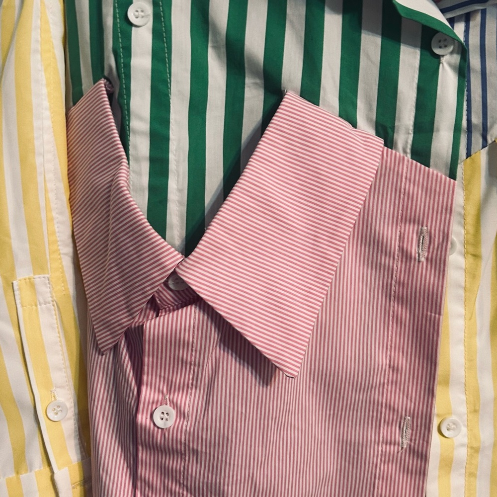 AKIRA Multi-Stripe Cropped Button-Up in Pink, Green, Blue - Picture 3 of 6